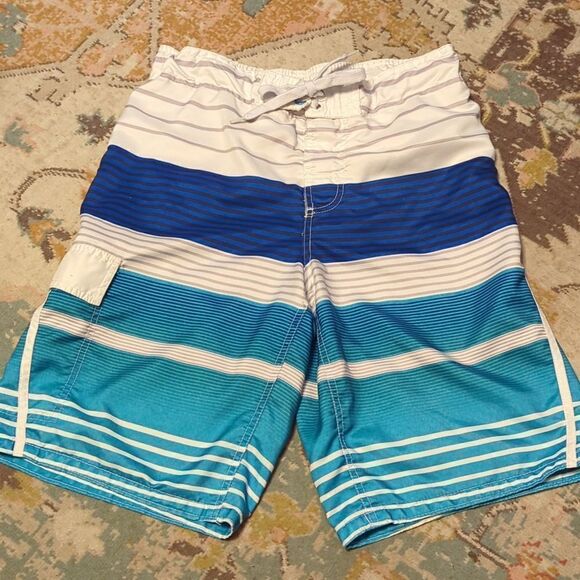 OP Men’s Blue/Gray/White Striped Lined Board Shorts Swim Suit Small - Picture 1 of 4